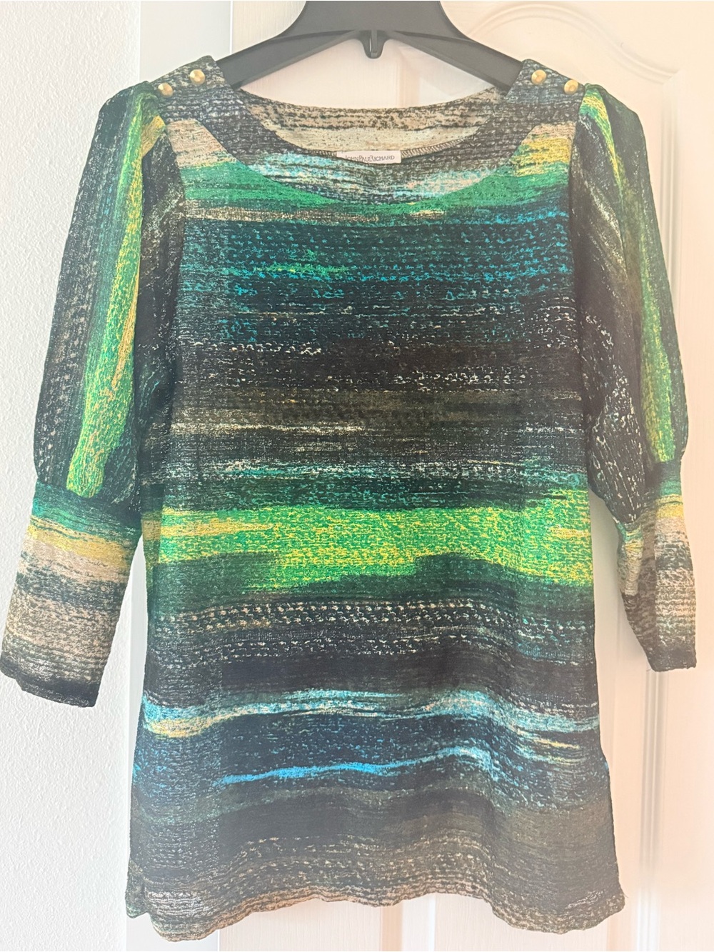 JohnPaulRichard Abstract Print Boat Neck Top Size M Green Blue Black